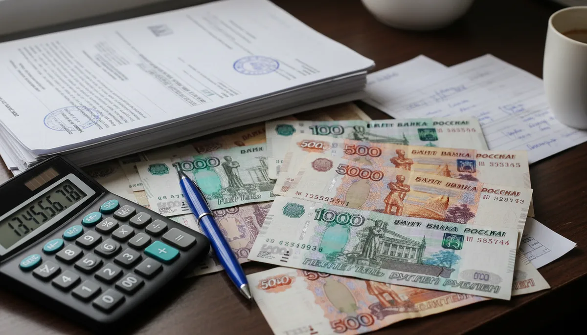 документы, калькулятор, ручка, российские банкноты на рабочем столе